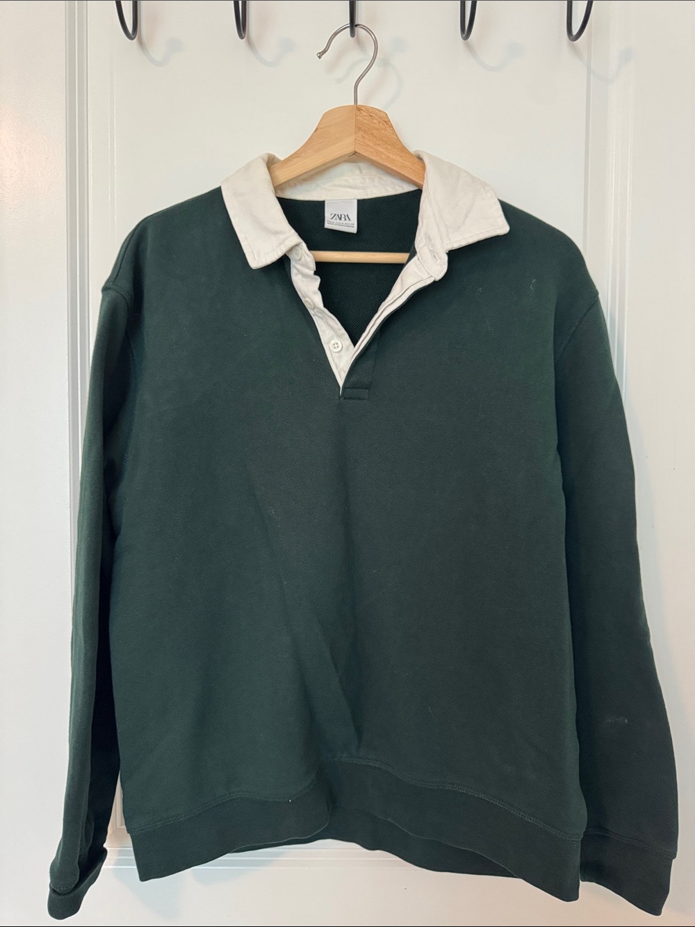 ZARA Dark Green 100% Cotton Pullover with Cream Button Collar Men’s Medium